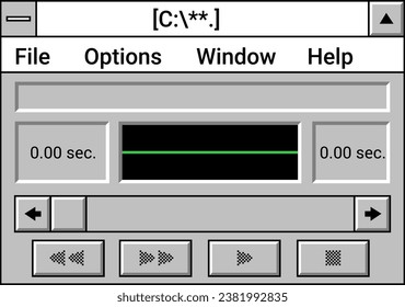 Music player window with buttons and settings, buttons of speed, stop. Previous and next songs or composition, old school interface of application for personal computer. Vector in flat style