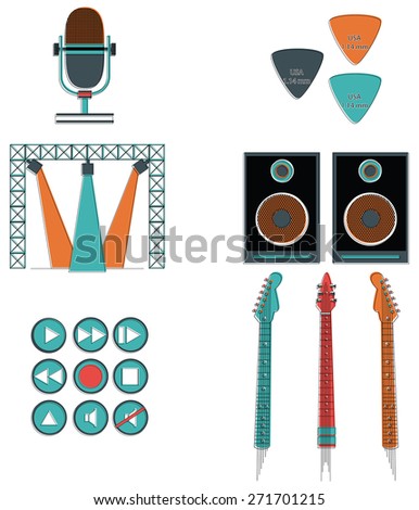 Music players and components vol 2 including  microphone, stage, triangles, speakers buttons such as play, forward , rewind, pause, stop, erase, record, mute music  and sound on , and guitars    