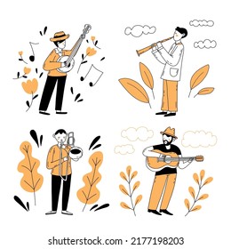 Musikspieler doodle flach handgezeichnete Illustrationen Set. Einfaches Vektorgrafik-Zeichendesign. Sommermusik-Illustration. Musiker mit Instrumentencartoon-Zeichnung einzeln auf weißem Hintergrund.
