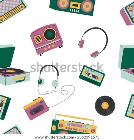 music players pattern. sound gadgets, gramophone, cartoon retro vintage music recorders, tape recorder. vector cartoon seamless pattern.