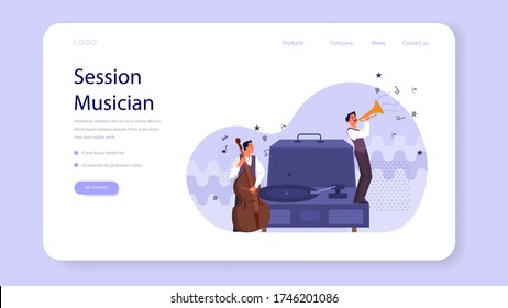 Music players performing concert with cello and trumpet web banner or landing page. Musicians and vinyl player. Session musician playing melody. Isolated vector illustration