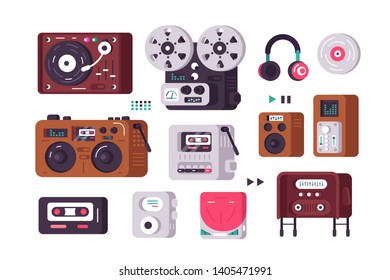 Music players set vector illustration. Collection consist of vintage and present-day record-player from retro gramophone to modern analogues flat style concept. Isolated on white