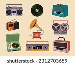 Music players. Vintage stylized illustrations of music record devices radio headset recent vector template