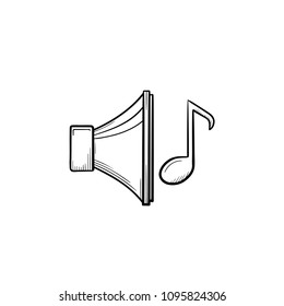 Music playing hand drawn outline doodle icon. Loudspeaker with note as ringtone choice concept vector sketch illustration for print, web, mobile and infographics isolated on white background.