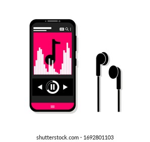 Music Playing Mobile Smartphone With Earphones. Songs Listening Handset. Podcast Player. Clean Flat Colour Vector Mockup. Template Illustration.