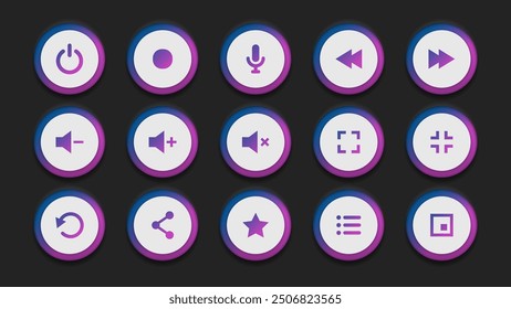 Music playlist neumorphic UI button set on black background. Collection of futuristic soft user interface buttons with simple icon. Volume button, record, fast foward button for mobile, desktop app