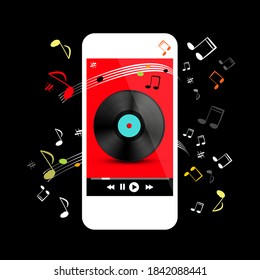 Music Playlist Symbol - Music Player on White Smartphone with Staff and Notes on Black Background