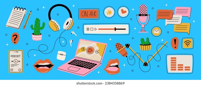 Music podcast. Audio doodle icons. Radio broadcast. Headphones and mic. Education and entertainment. Sound record equipment. Social media. Isolated laptop and smartphone. Vector garish elements set