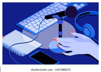 Music or podcast background with headphones, microphone, notebook,keyboard on table.Isometric vector illustration