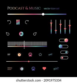 Conjunto de interfaz de botón gradiente del reproductor de podcast de música. Símbolo de icono de ilustración multimedia de control de vectores.
