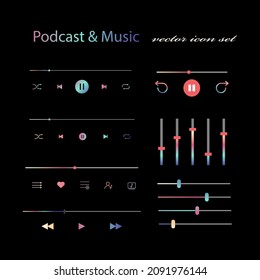 Music podcast player gradient button interface set. Vector control multimedia illustration icon symbol.