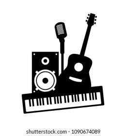 Music pop rock band concert icon logo. Black musical instruments guitar piano microphone speaker isolated on white background. Modern vector audio art graphic illustration for festival party studio