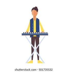 Music pop or rock guitarist. Singer cartoon boy flat illustration.