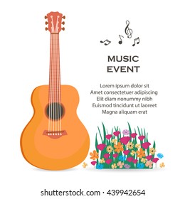 Music  poster with acoustic guitar. Vector illustration made in flat style .