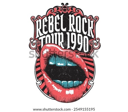 Music poster artwork. Lips poster design. Kiss vintage design. Rock and roll poster design. Music festival artwork. Music logo design.	