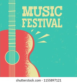 Music poster background with acoustic guitar on old retro poster with text