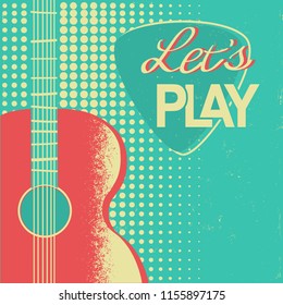 Music poster background with acoustic guitar on old retro poster backgroud with text