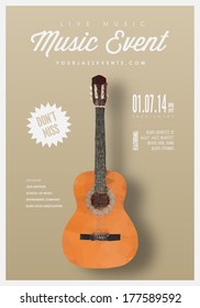 Music poster, background template. Guitar made with triangles. Vector design.