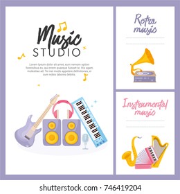 Music poster, banner and tags set. Concert or festival poster template. Design with accordion, guitar, disco ball, gramophone, drums and other musical instruments.