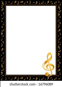 Music Poster. Black Frame with Golden Music notes and treble clef for concerts, announcements, recitals, posters, fliers and music events. EPS8 compatible.