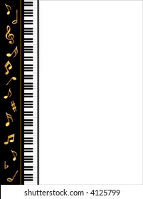 MUSIC POSTER, black side frame, grand piano keys, golden music notes, copy space for music announcements, fliers, concerts, recitals. EPS8 compatible. 