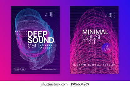 Music poster. Bright concert banner set. Dynamic fluid shape and line. Neon music poster. Electro dance dj. Electronic sound fest. Club event flyer. Techno trance party.
