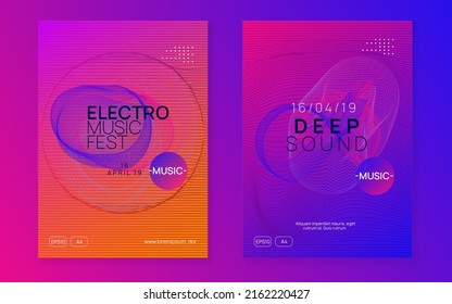 Music poster. Bright discotheque brochure set. Dynamic fluid shape and line. Neon music poster. Electro dance dj. Electronic sound fest. Club event flyer. Techno trance party.