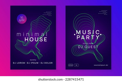 Music poster. Bright discotheque invitation set. Dynamic gradient shape and line. Neon music poster. Electro dance dj. Electronic sound fest. Club event flyer. Techno trance party.