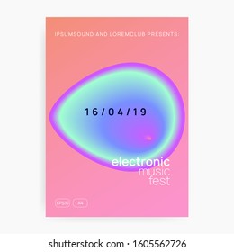 Music poster. Bright electro concert presentation layout. Electronic sound. Night dance lifestyle holiday. Fluid holographic gradient shape and line. Summer fest flyer and music poster.