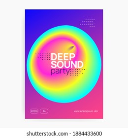 Music poster. Bright house concert magazine layout. Electronic sound. Night dance lifestyle holiday. Fluid holographic gradient shape and line. Summer fest flyer and music poster.