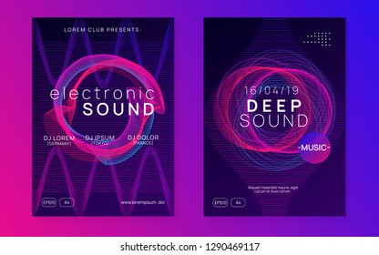 Music poster. Bright show invitation set. Dynamic gradient shape and line. Neon music poster. Electro dance dj. Electronic sound fest. Club event flyer. Techno trance party.