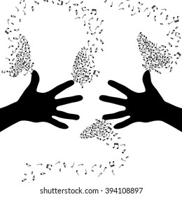 Music poster with butterfly of the notes sitting on hands silhouettes. An excellent musician. Gifted by nature. Magic of music. Virtuoso. Music at your fingertips. Live music