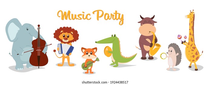 Music Poster With Cartoon Animals Musicians Playing Musical Instruents. Collection Of Cute Cartoon Musicians With Guitar, Flute, Maracas, Violin, Sax.