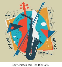 The music poster with cello and saxophone, geometric shapes and musical notes. Simple flat style. Red, yellow, black. For music festivals, invitations, flyers