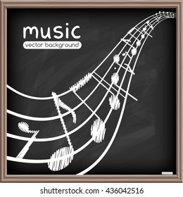 Music poster. Chalkboard effect. Abstract mock up for web sites, printable, music school posters and choir hangouts. Musical background with clef and notes. Vector illustration.