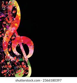 Music poster with colorful musical notes and G-clef on black background. Vector illustration. Abstract design for music festival, live concert events, party flyer. Music notes signs and symbols	