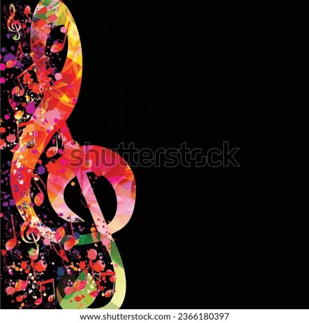 Music poster with colorful musical notes and G-clef on black background. Vector illustration. Abstract design for music festival, live concert events, party flyer. Music notes signs and symbols	
