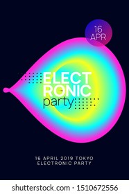 Music poster. Commercial trance party magazine design. Fluid holographic gradient shape and line. Electronic sound. Night dance lifestyle holiday. Summer fest flyer and music poster.