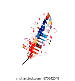 Music poster for composing. Colorful music notes with piano keys and feather isolated vector illustration design