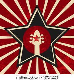 Music poster concept. Design idea for rock star show concert banner background. Vintage retro style. Guitar silhouette sign. Template for fest event. Vector illustration.