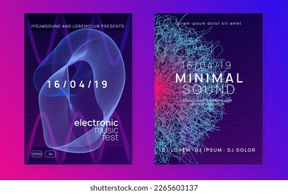 Music poster. Cool show banner set. Dynamic fluid shape and line. Neon music poster. Electro dance dj. Electronic sound fest. Club event flyer. Techno trance party.