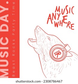 Music poster or music cover template with wolf listening music with headphone design