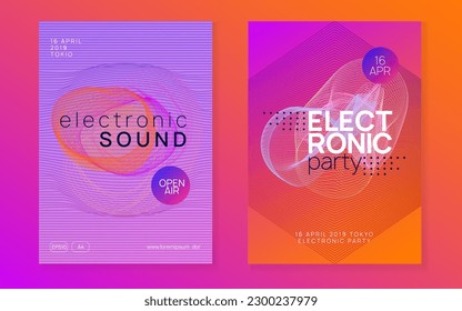 Music poster. Creative discotheque banner set. Dynamic fluid shape and line. Neon music poster. Electro dance dj. Electronic sound fest. Club event flyer. Techno trance party.