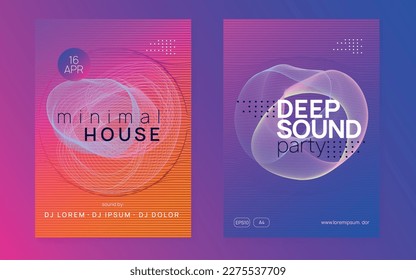 Music poster. Creative discotheque magazine set. Dynamic fluid shape and line. Neon music poster. Electro dance dj. Electronic sound fest. Club event flyer. Techno trance party.