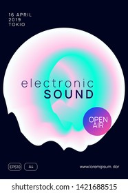 Music poster. Creative techno event presentation layout. Electronic sound. Night dance lifestyle holiday. Fluid holographic gradient shape and line. Summer fest flyer and music poster.