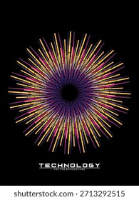 Fondo de diseño de póster de música. Electro Sound Cover Plantilla con Formas de línea geométrica circular de gradiente abstracto dinámico para serigrafía de camisetas, tecnología, digital, fiesta, festival y club.	
