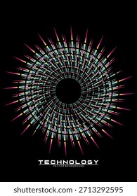 Fondo de diseño de póster de música. Electro Sound Cover Plantilla con Formas de línea geométrica circular de gradiente abstracto dinámico para serigrafía de camisetas, tecnología, digital, fiesta, festival y club.