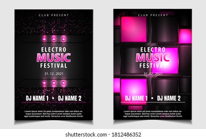 Music poster design background template with elegant pink light on dark. Electro music and party night dance concept graphic can use for club night invitation, festival flyer, business event promotion