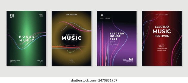 Music poster design background vector set. Electro Sound Cover template with abstract gradient line wave. Ideal design for social media, flyer, party, music festival, club.