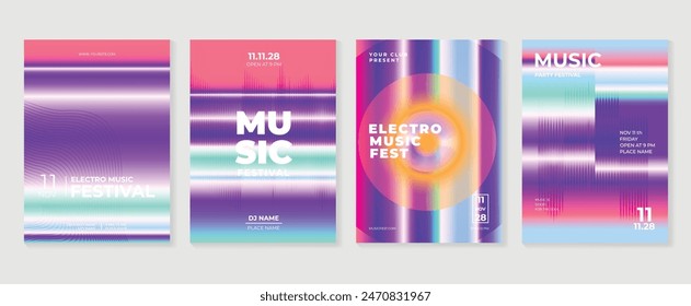 Music poster design background vector set. Electro Sound Cover template with abstract gradient line wave. Ideal design for social media, flyer, party, music festival, club.